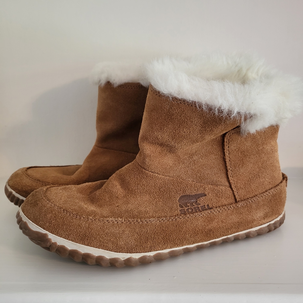 Sorel Brown Suede Boots With Faux Fur Trim Out 'N About Booties Women's Size 8